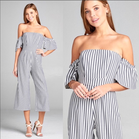 Gray And White Striped Jumpsuit - Picture 1 of 2